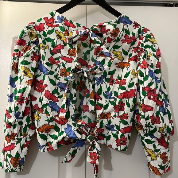 Zara Basics Floral Print Crop Poof Sleeve Bow Back Blouse. Size Small. - Picture 5 of 10